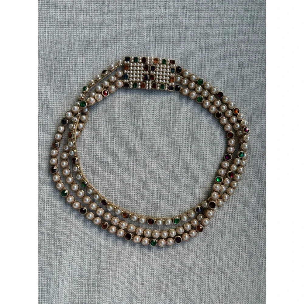 Triple Strand Faux Pearl Multi Color Gemstone Gold Tone Belt 29